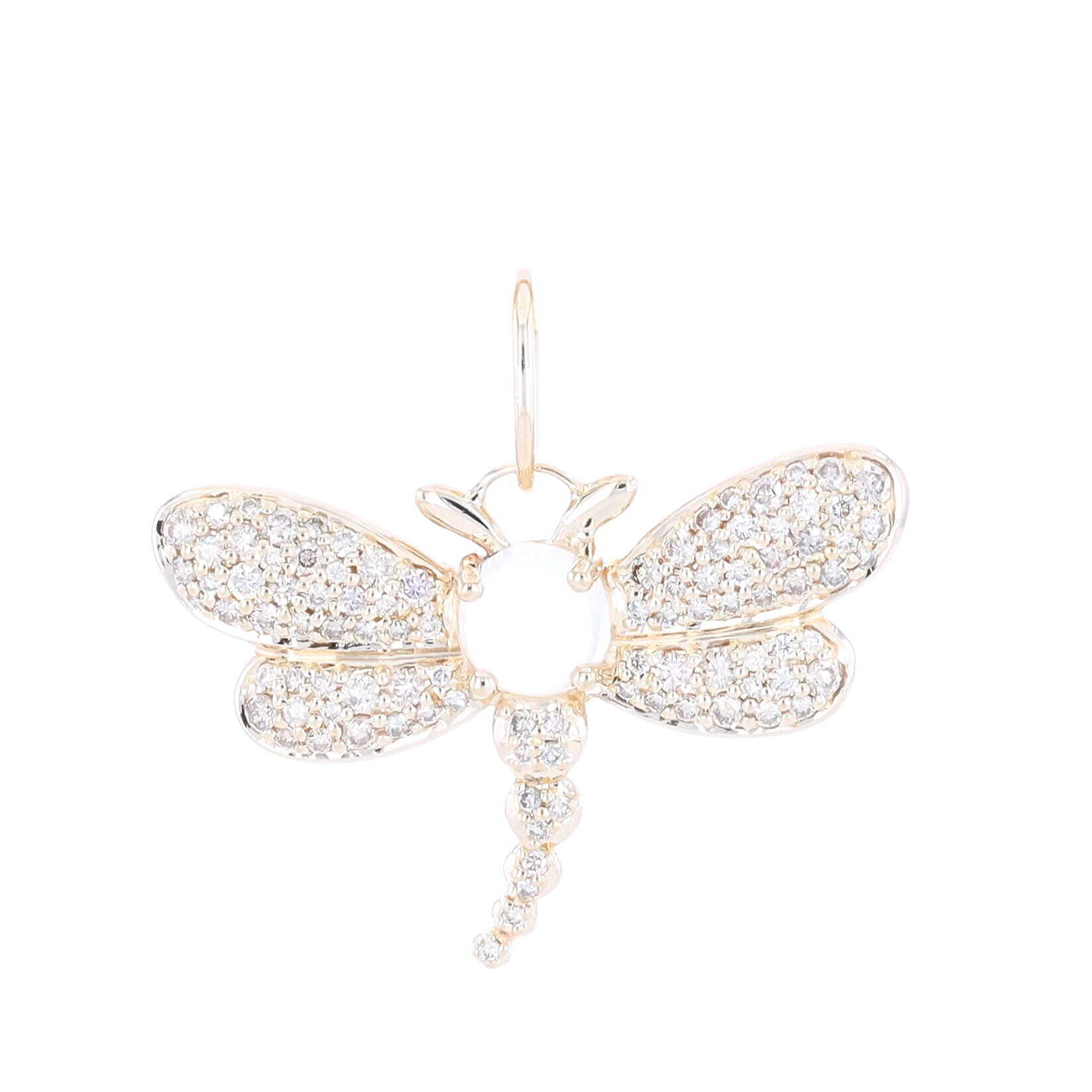 This stunning and unique Moonstone Dragonfly Pendant from Cynthia Ann Jewels is a must-have for all jewelry lovers. Crafted with 14k yellow gold and champagne diamonds and a gorgeous moonstone, this piece embodies classic elegance. Whether you're looking to add a touch of glamour to your everyday look or make a statement, this pendant is sure to make a lasting impression. Moonstone Dragonfly Pendant