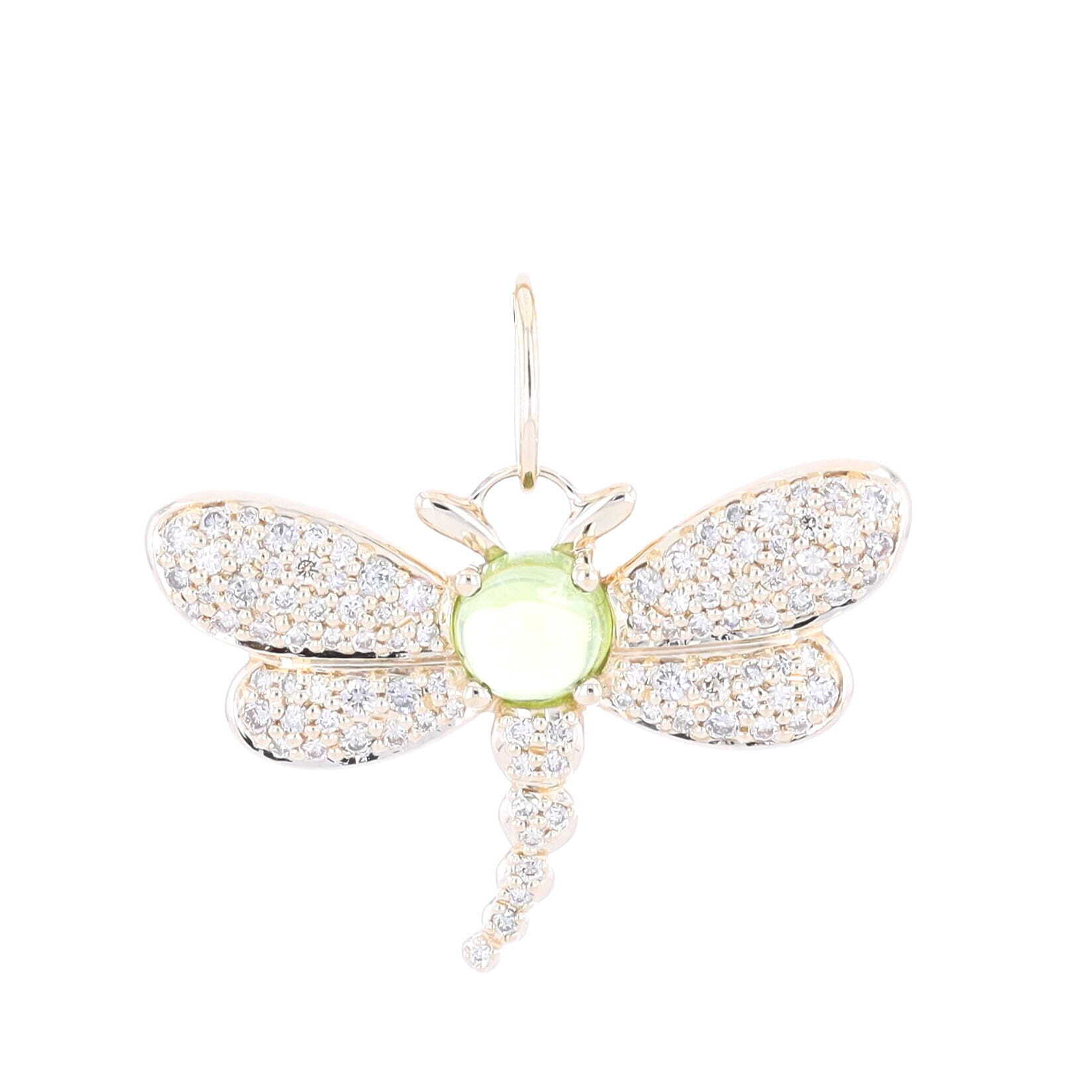 This stunning peridot dragonfly pendant comes from Cynthia Ann Jewels' Classics collection. The pendant is crafted of 14k yellow gold and features two champagne diamonds and a peridot cabochon set on the body of the dragonfly. This piece is perfect for any occasion, from a special night out to a beloved friend's birthday. With its classic design and understated elegance, this one-of-a-kind pendant will become a favorite for years to come. Peridot Dragonfly Pendant
