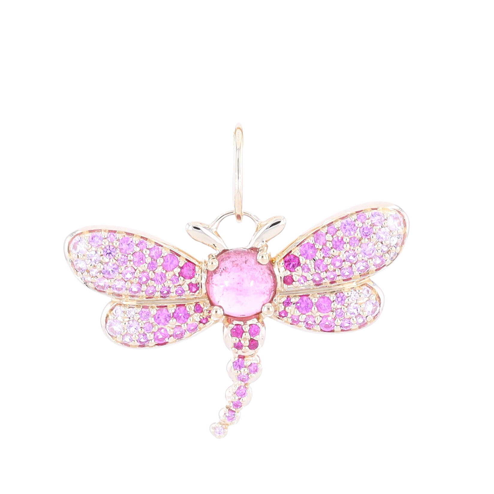 If you are looking for a timeless classic piece of jewelry to add to your collection, look no further than the Pink Sapphire Dragonfly Pendant from Cynthia Ann Jewels. Crafted in luxurious 14k yellow gold and embellished with pink sapphires and pink tourmaline stones, this beautiful pendant will be an eye-catching addition to your wardrobe. Let this one-of-a-kind pendant take your look from day to night with effortless ease. Whether you are dressing up for a night out or stay in for a quiet evening at home, this pendant will be sure to make a statement. Add a touch of elegance to your look with the Pink Sapphire Dragonfly Pendant from Cynthia Ann Jewels. Pink Sapphire Dragonfly Pendant
