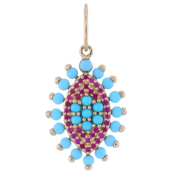 Closeup photo of Vertical Turquoise Evil Eye Pendant With Pink Sapphires