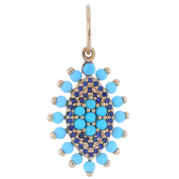 Closeup photo of Vertical Turquoise Evil Eye Pendant With Blue Sapphire