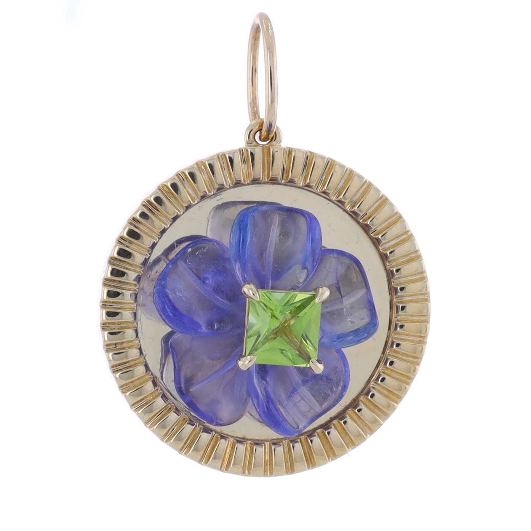 Hand Carved Tanzanite Flower Charm Pendant Set on 14k Yellow Gold with with a Peridot Center