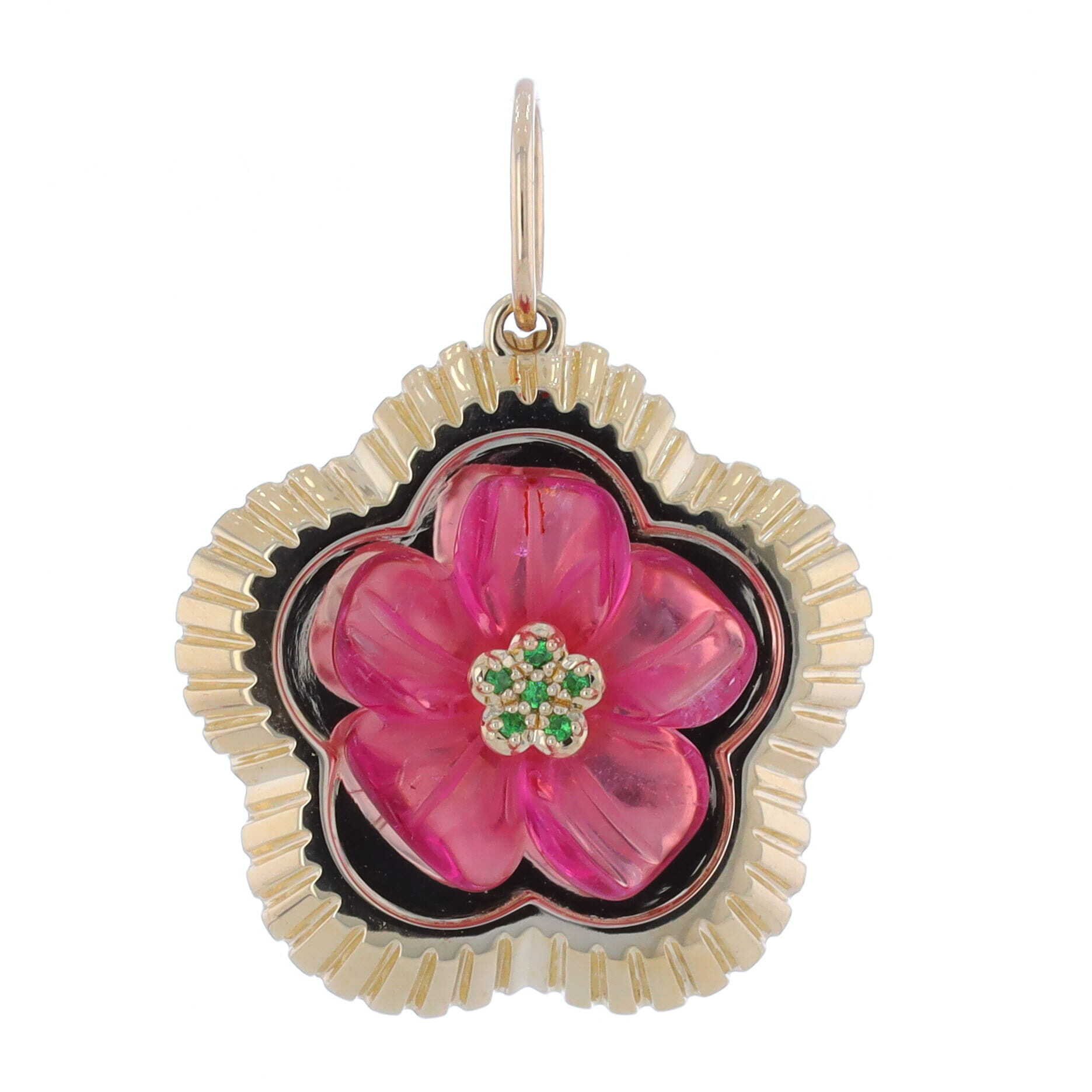 Pink Tourmaline Hand Carved Flower Decal with Green Tsavorite Center Mounted on a 14k Yellow Gold Backdrop Pendant Charm