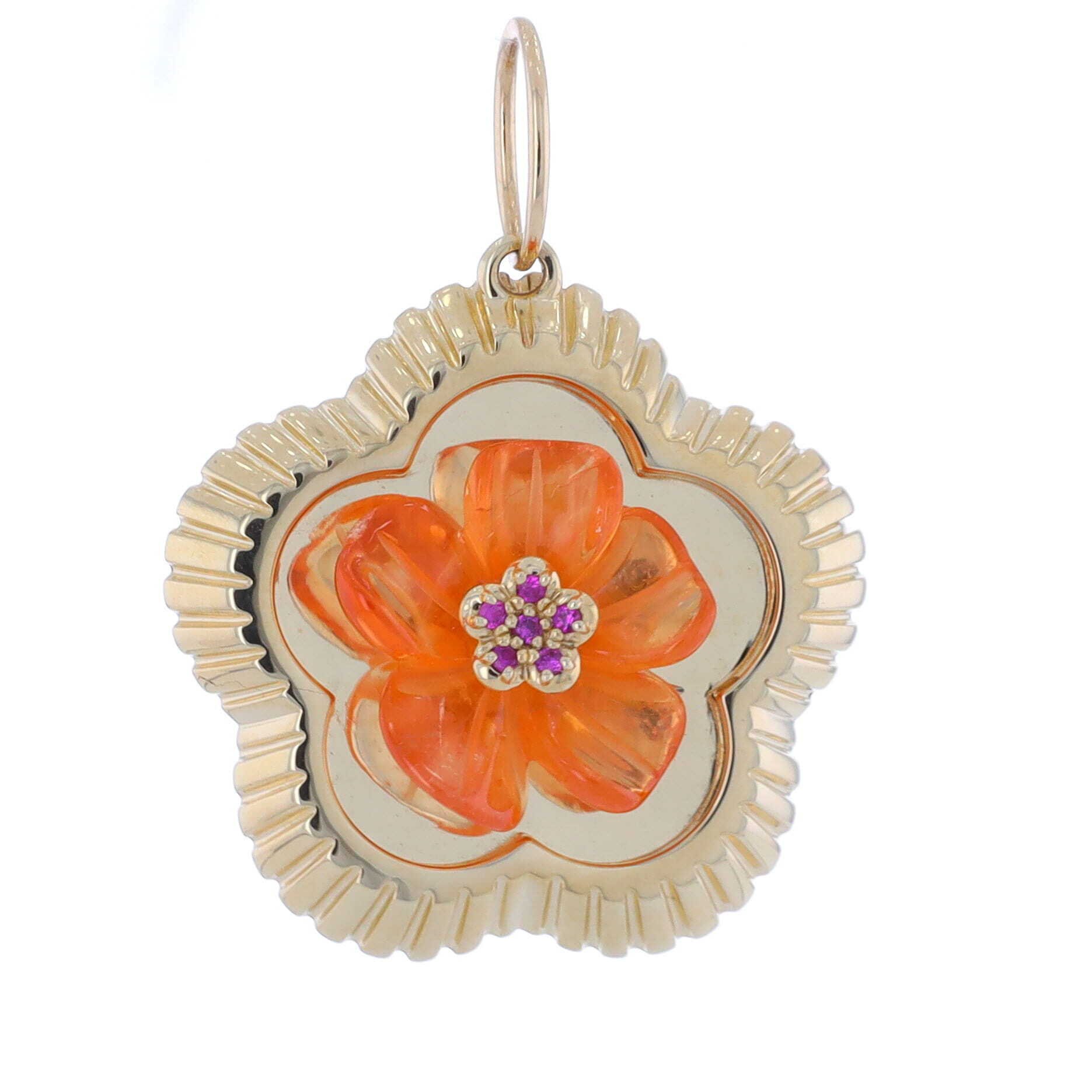 Mandarin Garnet Hand Carved Flower Pendant With Pink Sapphires Center Set on 14k Yellow Gold