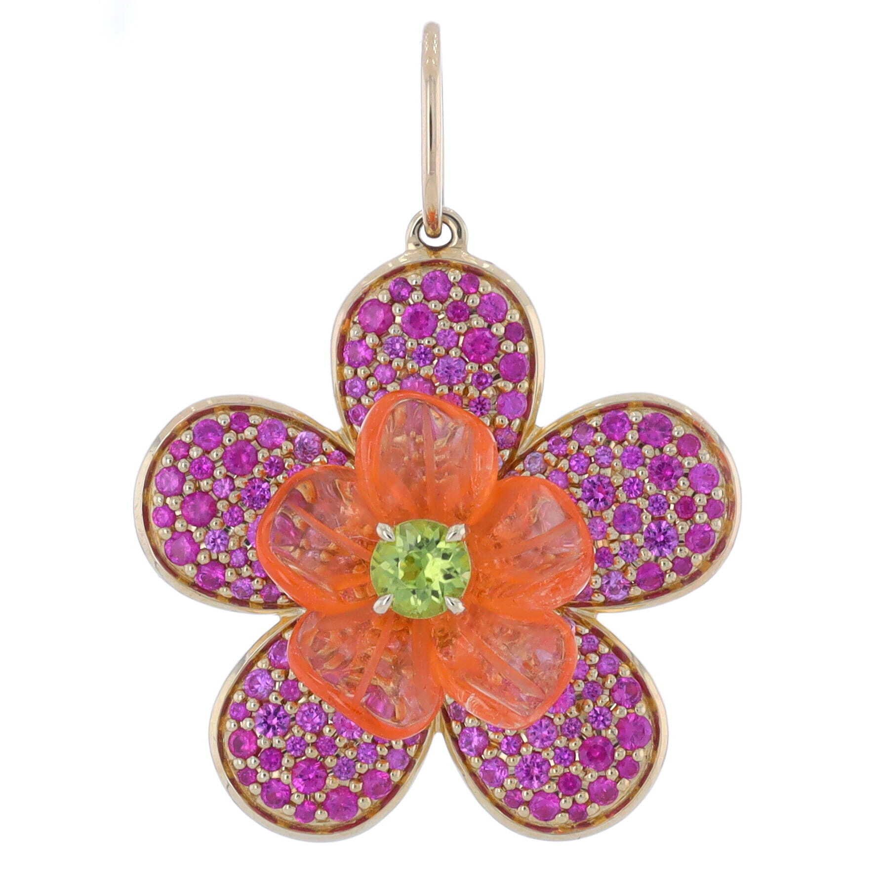 Mandarine Garnet Hand Carved Flower Set with a Peridot Center on top of a Pink Sapphire Pave Set 14k Yellow Gold Pendant