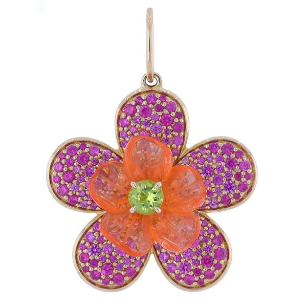 Closeup photo of Mandarine Garnet Hand Carved Flower Set with a Peridot Center on top of a Pink Sapphire Pave Set 14k Yellow Gold Pendant
