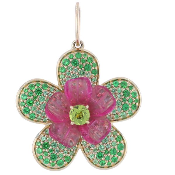 Closeup photo of Pink Tourmaline Hand Carved Flower Pendant With Tsavorite Pave in 14K Yellow Gold and a Peridot Center Stone