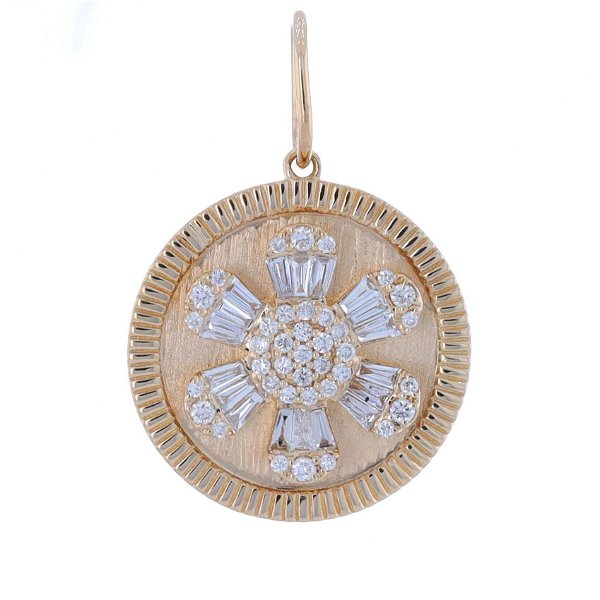 Closeup photo of Baguette and Brilliant Cut Diamond Flower Decal Pendant Over a14k Yellow Gold Gold Disk Circle Pendant
