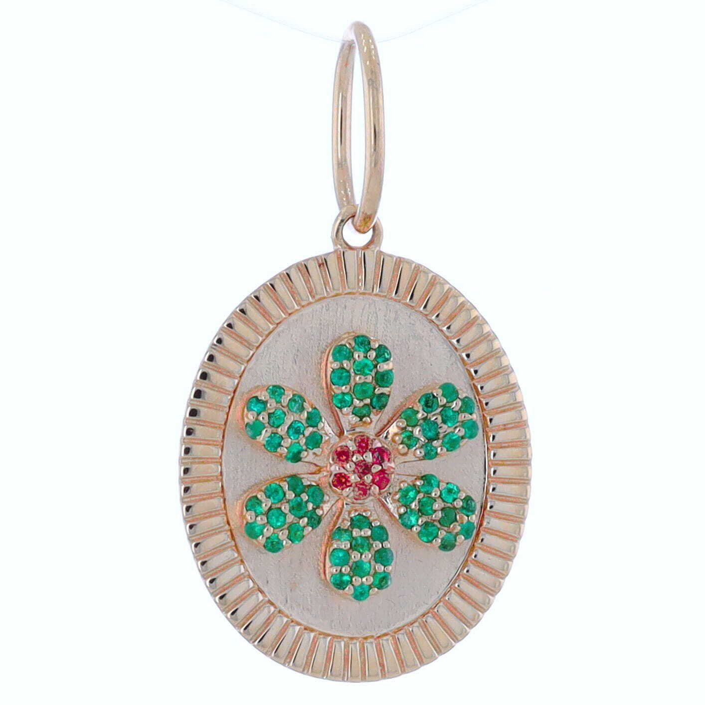Small Emerald And Pink Sapphire Flower Decal on 14k Yellow Gold Oval Disk Pendant Charm
