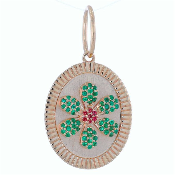 Closeup photo of Small Emerald And Pink Sapphire Flower Decal on 14k Yellow Gold Oval Disk Pendant Charm