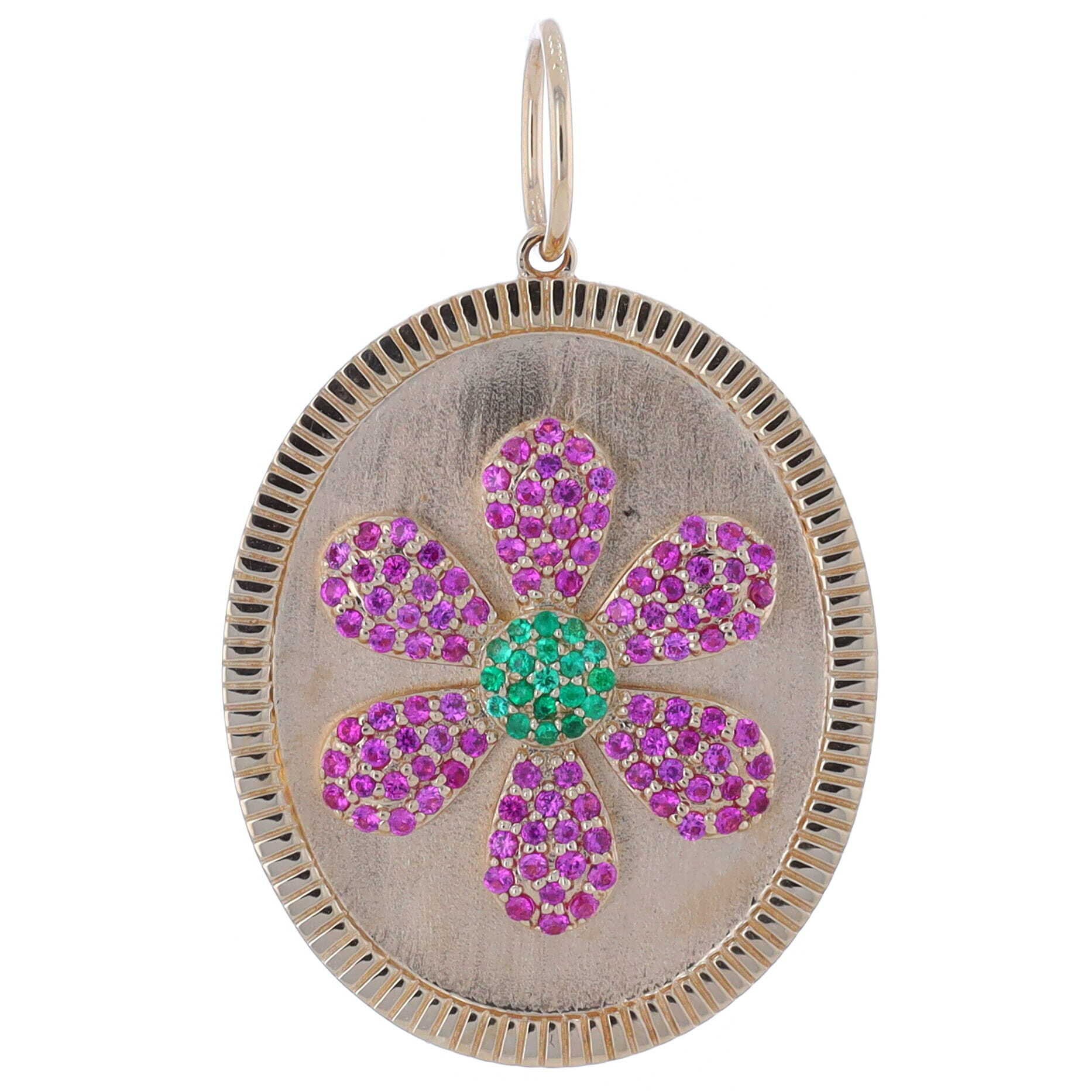 14k Yellow Gold Oval Disk Pendant Charm with Pave Pink Sapphire Flower With Emerald Center