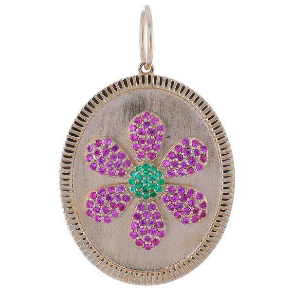 Closeup photo of 14k Yellow Gold Oval Disk Pendant Charm with Pave Pink Sapphire Flower With Emerald Center