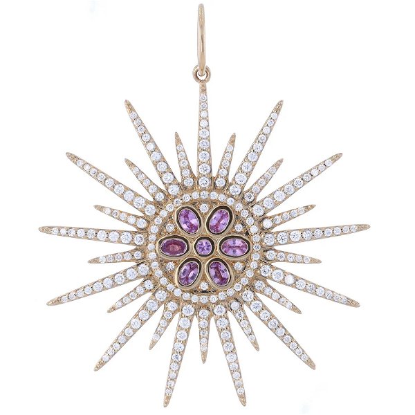 Closeup photo of 14k Yellow Gold Pink Sapphire And Diamond Starburst Pendant Charm