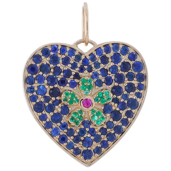 Closeup photo of 14K Yellow Gold and Blue Sapphire Pave Heart Charm Pendant With Pave Emerald and Pink Sapphire Flower Decal