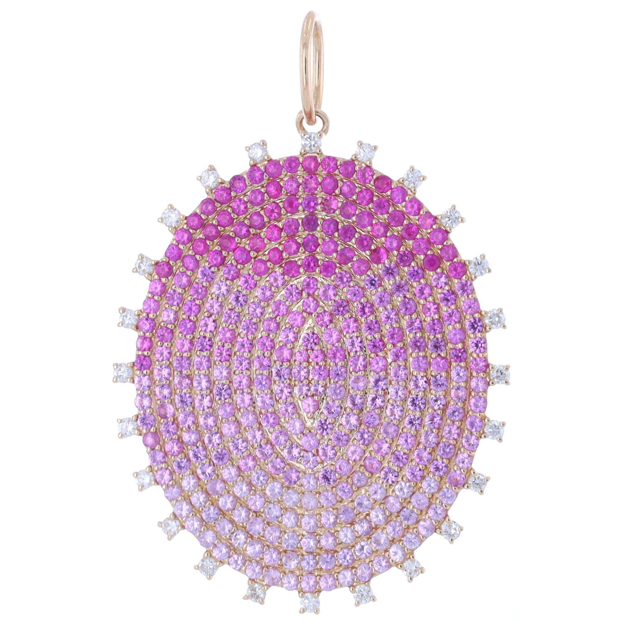 14k Yellow Gold Ombre Pink Sapphire and Diamond Oval Disk Charm Pendant