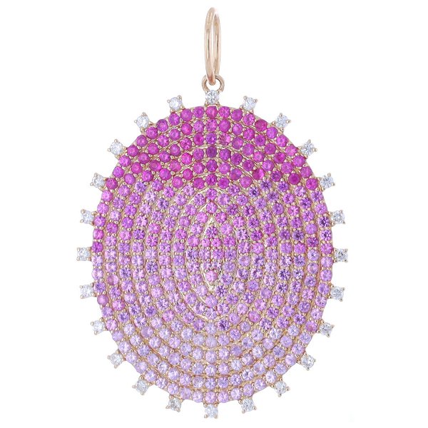 Closeup photo of 14k Yellow Gold Ombre Pink Sapphire and Diamond Oval Disk Charm Pendant
