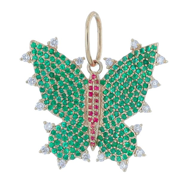 Closeup photo of 14k Yellow Gold Pave Emerald Butterfly Pendant With Pink Sapphire Body And Diamond Wingtips