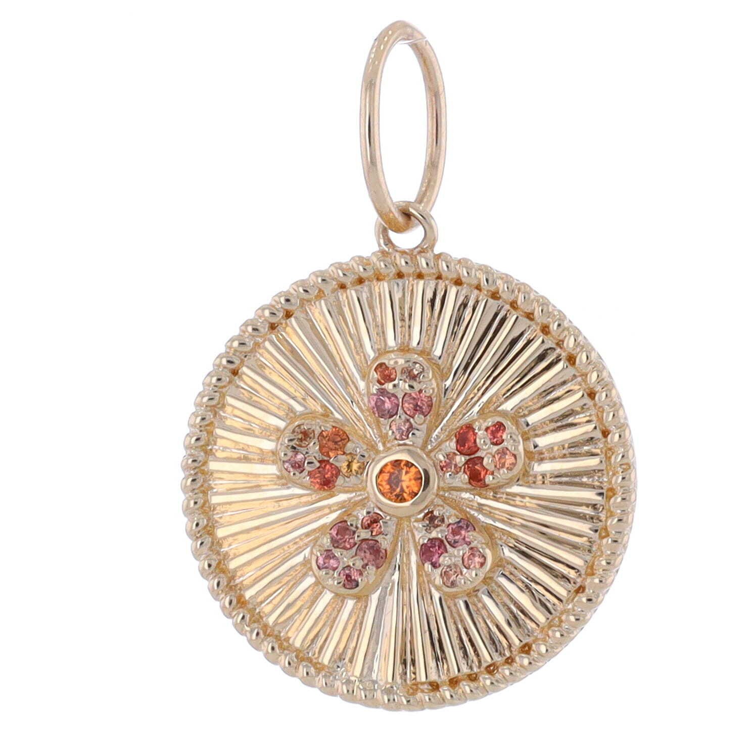 14k Yellow Gold Ribbed Circle with Pink Sapphire Flower Decal Pendant