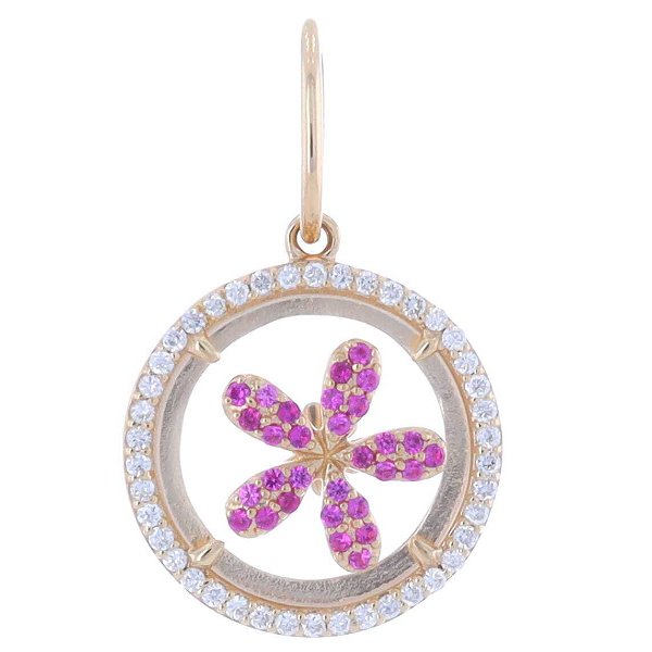 Closeup photo of 14k Gold and Diamond Circle Bezel Pedant and Pink Sapphire Flower Decal Over Crystal