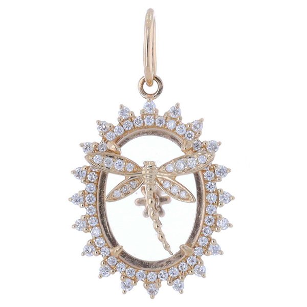Closeup photo of 14k Yellow Gold and Crystal Oval Pendant Charm with Diamond Bezel and Pave Diamond Dragonfly Decal