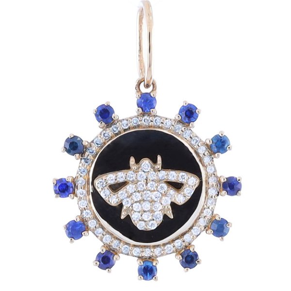 Closeup photo of Diamond Bee Decal Pendant On 14K Yellow Gold Disk With Blue Sapphire Bezel