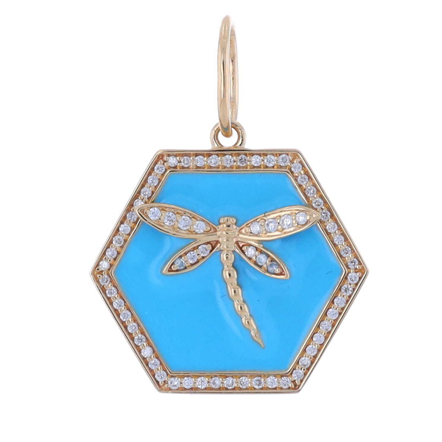 14K Yellow Gold with Turquoise Enamel Hexagon Pendant Charm with Pave Diamond Dragonfly Decal Pendant