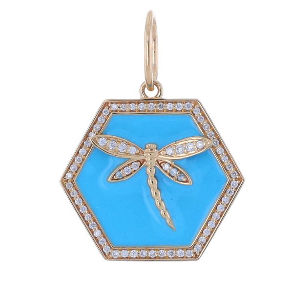 Closeup photo of 14K Yellow Gold with Turquoise Enamel Hexagon Pendant Charm with Pave Diamond Dragonfly Decal Pendant
