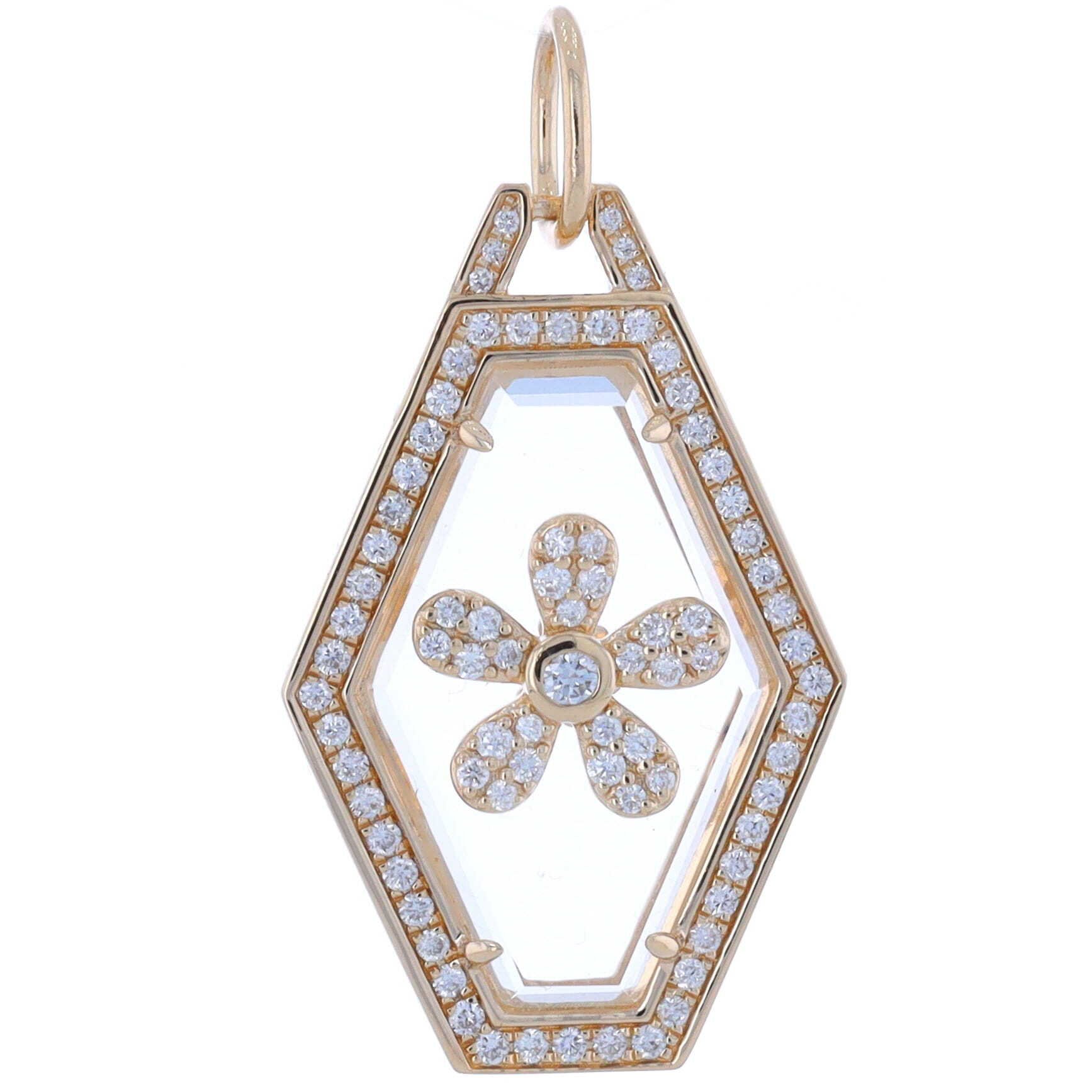 14k Yellow Gold Crystal Hexagon Pendant Charm with Pave Diamond Flower Decal