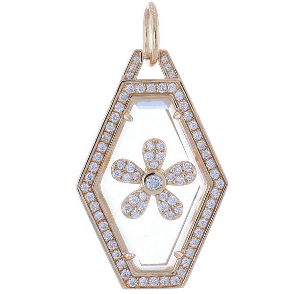 Closeup photo of 14k Yellow Gold Crystal Hexagon Pendant Charm with Pave Diamond Flower Decal