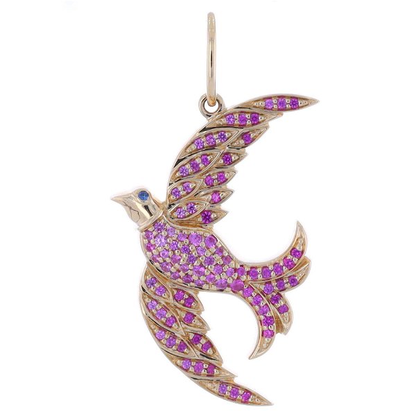 Closeup photo of 14k Gold and Pink Sapphire Swallow Pendant