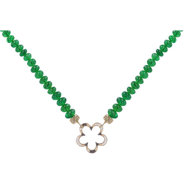 Closeup photo of 22" ~5mm Hand Polished Translucent Emerald Beaded Chain With 14k Gold Extension, and end Caps with Flower