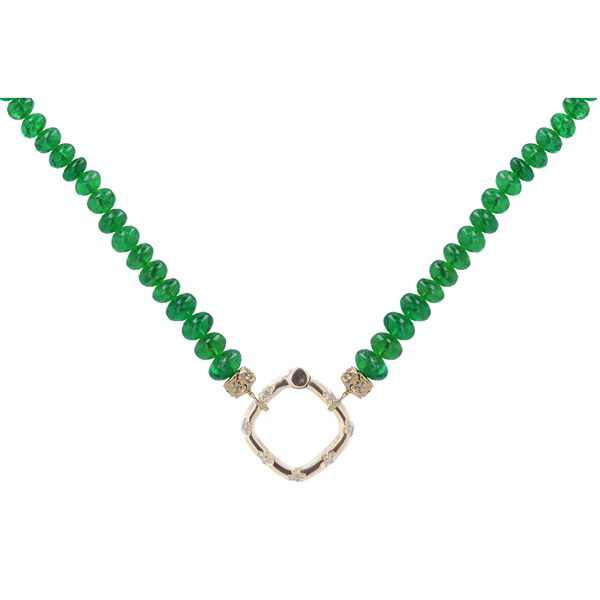 Closeup photo of 22" ~5mm Hand Polished Translucent Emerald Beaded Chain With 14k Gold Extension, and end Caps with Square