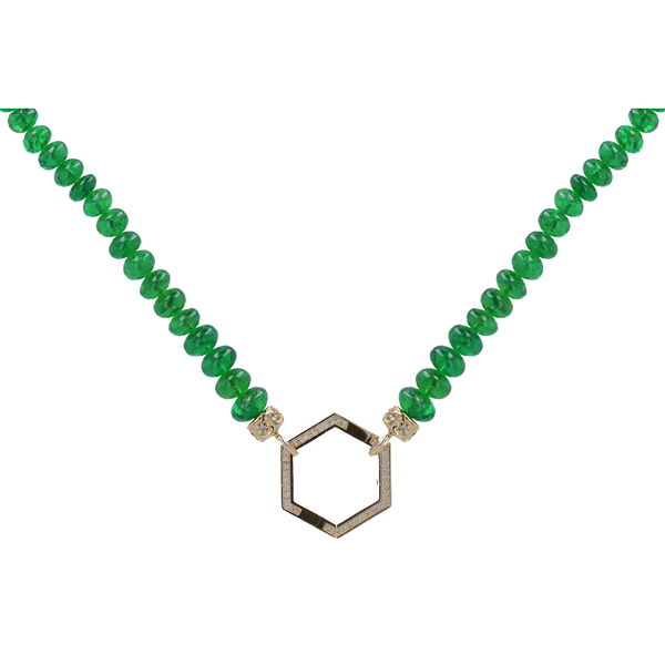 Closeup photo of 22" ~5mm Hand Polished Translucent Emerald Beaded Chain With 14k Gold Extension, and end Caps with Hexagon