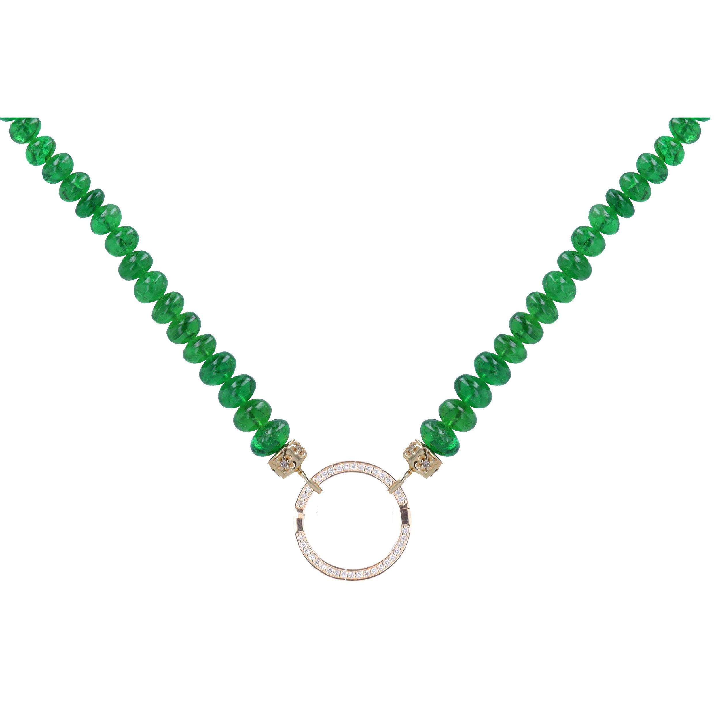 22" ~5mm Hand Polished Translucent Emerald Beaded Chain With 14k Gold Extension, and end Caps with Large Circle