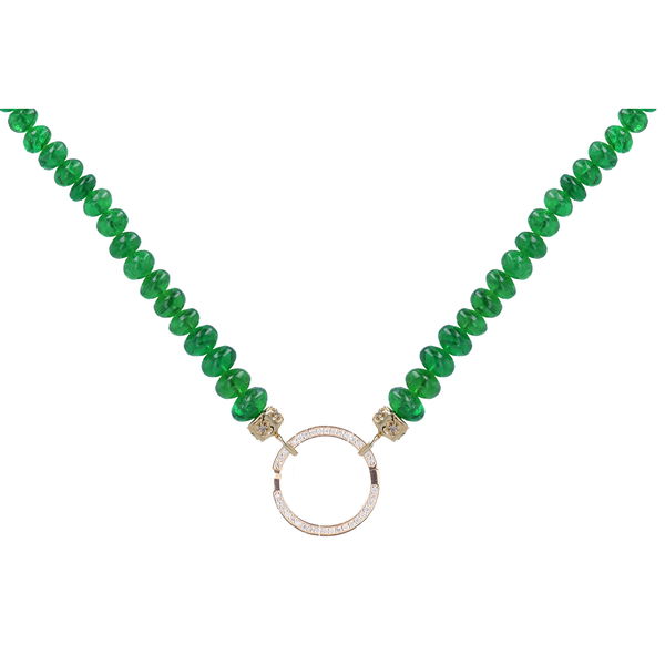 Closeup photo of 22" ~5mm Hand Polished Translucent Emerald Beaded Chain With 14k Gold Extension, and end Caps with Large Circle