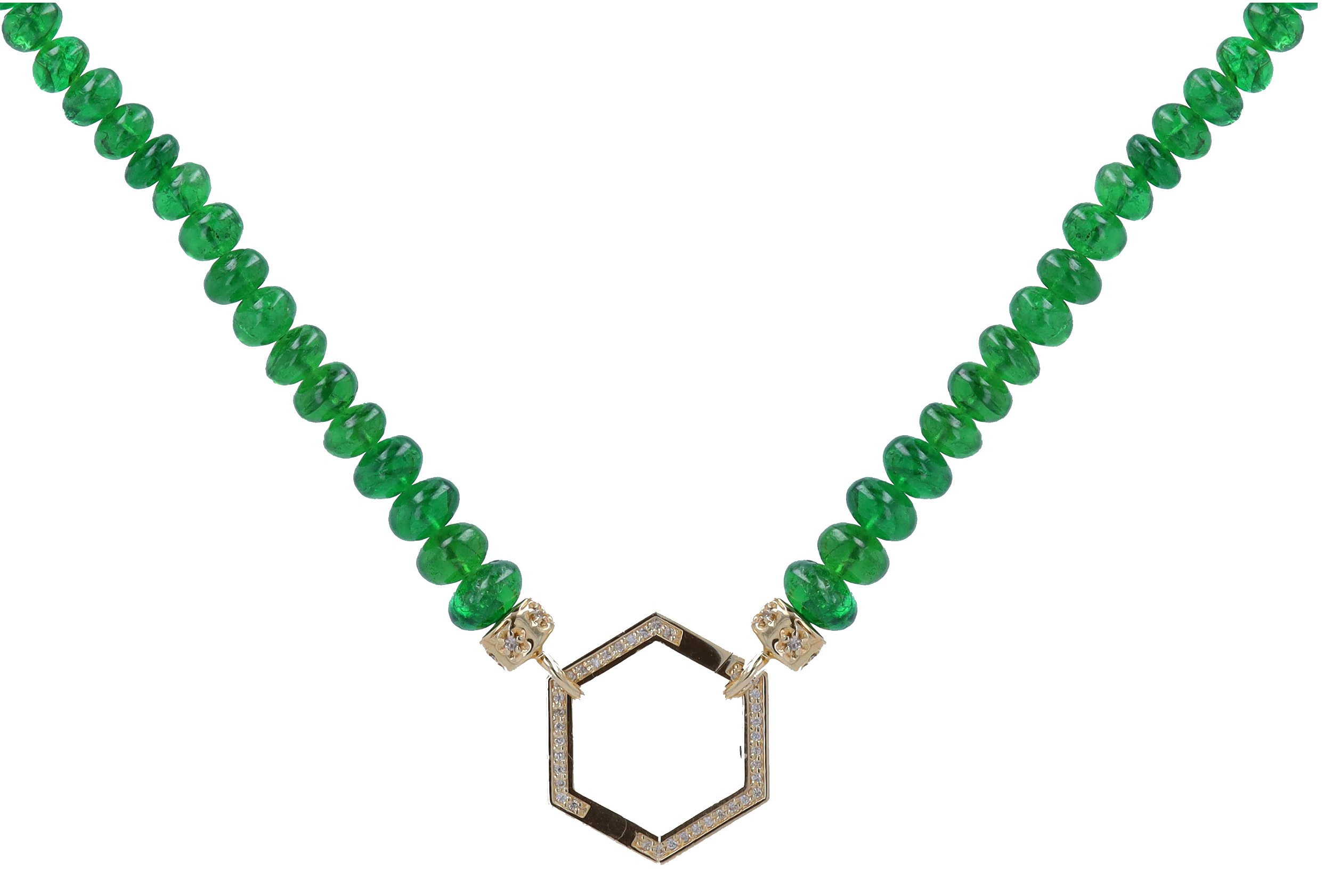 22" ~5mm Hand Polished Translucent Emerald Beaded Chain With 14k Gold Extension, and end Caps with Hexagon