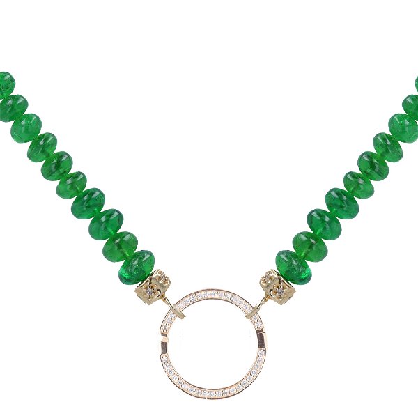 Closeup photo of 22" ~5mm Hand Polished Translucent Emerald Beaded Chain With 14k Gold Extension, and end Caps with Large Circle