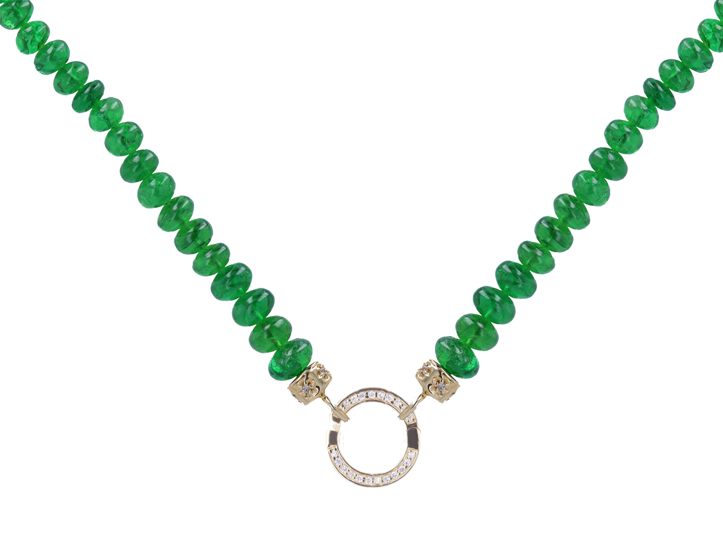 22" ~5mm Hand Polished Translucent Emerald Beaded Chain With 14k Gold Extension, and end Caps with Small Circle