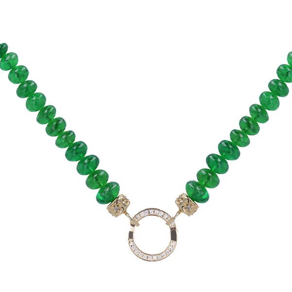 Closeup photo of 22" ~5mm Hand Polished Translucent Emerald Beaded Chain With 14k Gold Extension, and end Caps with Small Circle