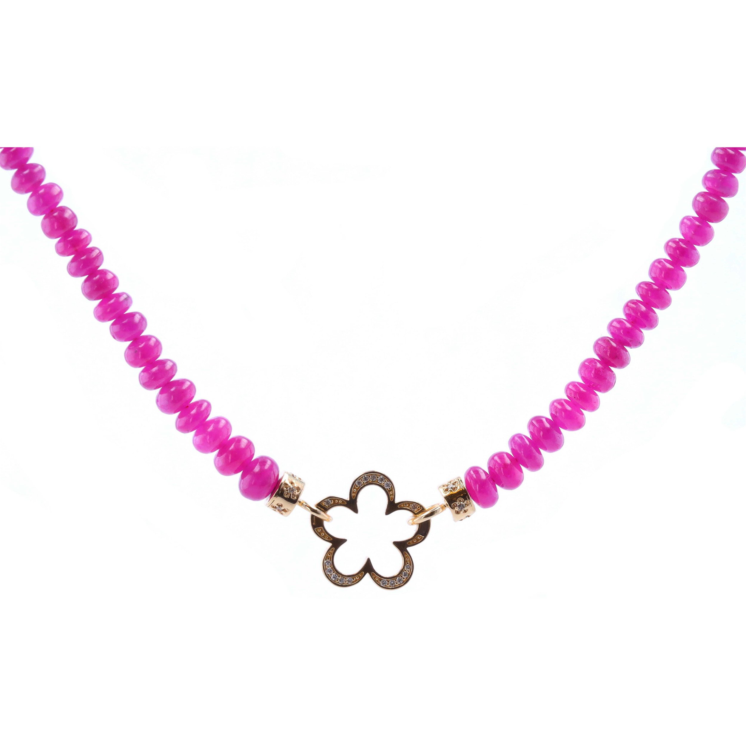 18-20" 4-5mm Hand Polished Pink Tourmaline Beaded Chain With 14k Gold Extension And Gold Caps and Flower