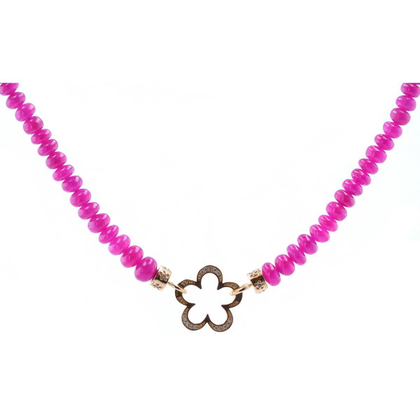 Closeup photo of 18-20" 4-5mm Hand Polished Pink Tourmaline Beaded Chain With 14k Gold Extension And Gold Caps and Flower