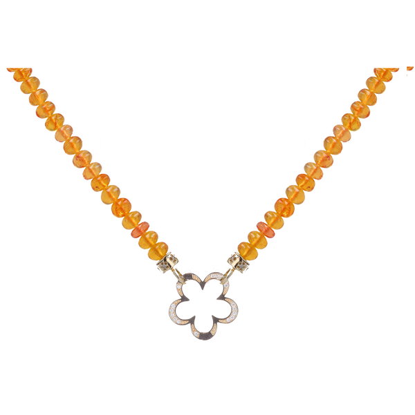 Closeup photo of 18"-20" 5mm Translucent Hand Polished Orange Garnet Beaded Chain With 14k Gold Extension And End Caps with Diamonds