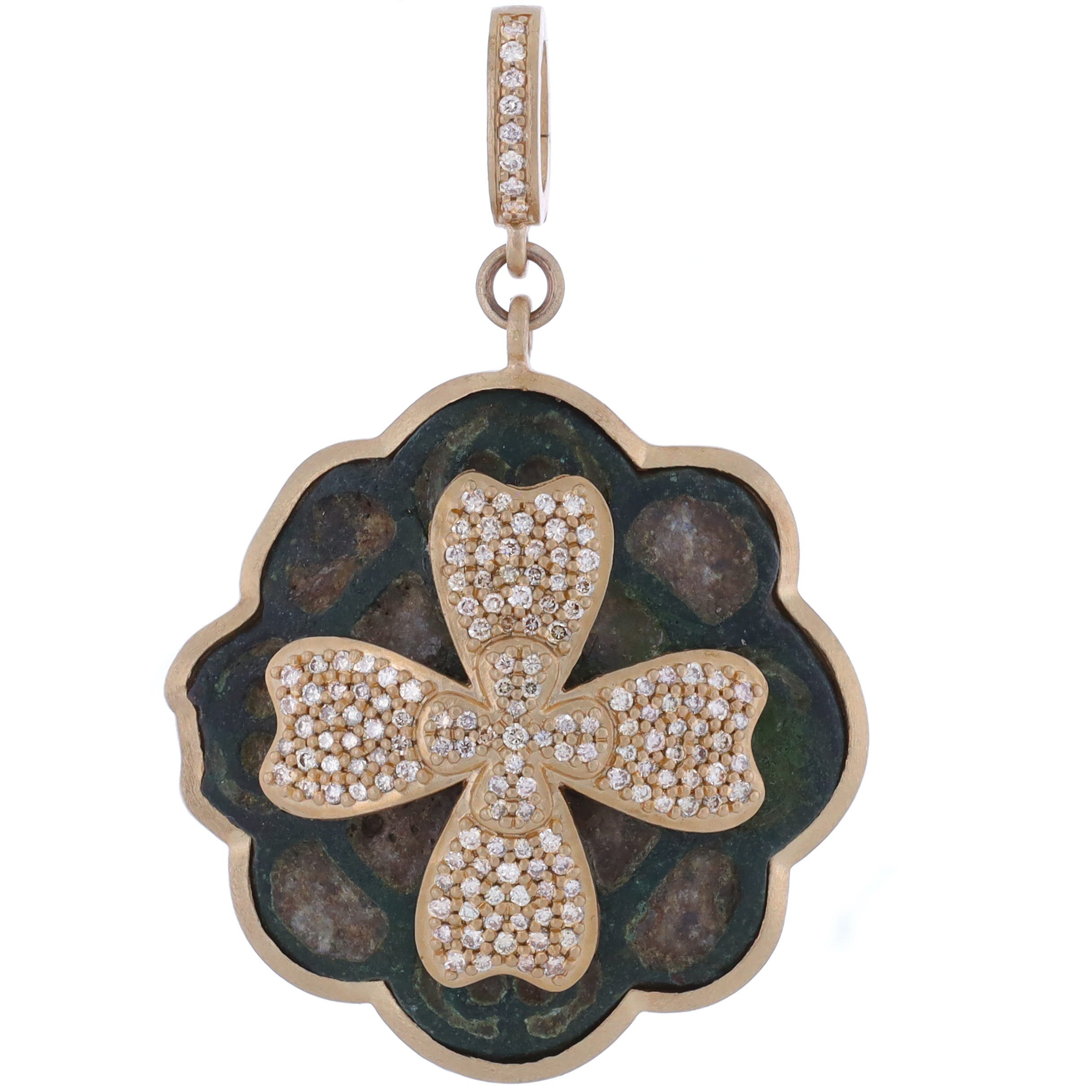 Medieval Bronze Flower Artifact Pendant Embellished with a 14k Gold and Diamond Flower