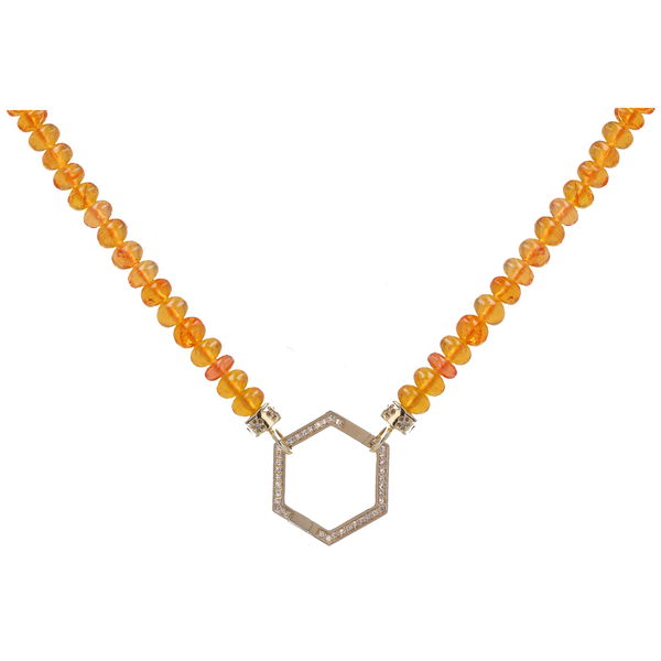 Closeup photo of 18"-20" 5mm Translucent Hand Polished Orange Garnet Beaded Chain With 14k Gold Extension And End Caps with Diamonds
