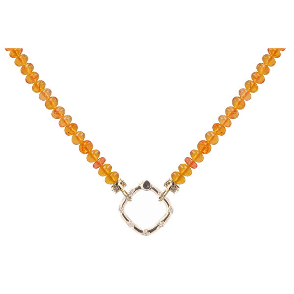 Closeup photo of 18"-20" 5mm Translucent Hand Polished Orange Garnet Beaded Chain With 14k Gold Extension And End Caps with Diamonds