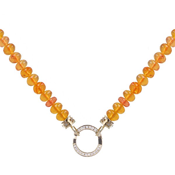 Closeup photo of 18"-20" 5mm Translucent Hand Polished Orange Garnet Beaded Chain With 14k Gold Extension And End Caps with Diamonds