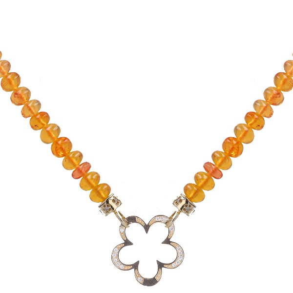 Closeup photo of 18"-20" 5mm Translucent Hand Polished Orange Garnet Beaded Chain With 14k Gold Extension And End Caps with Diamonds