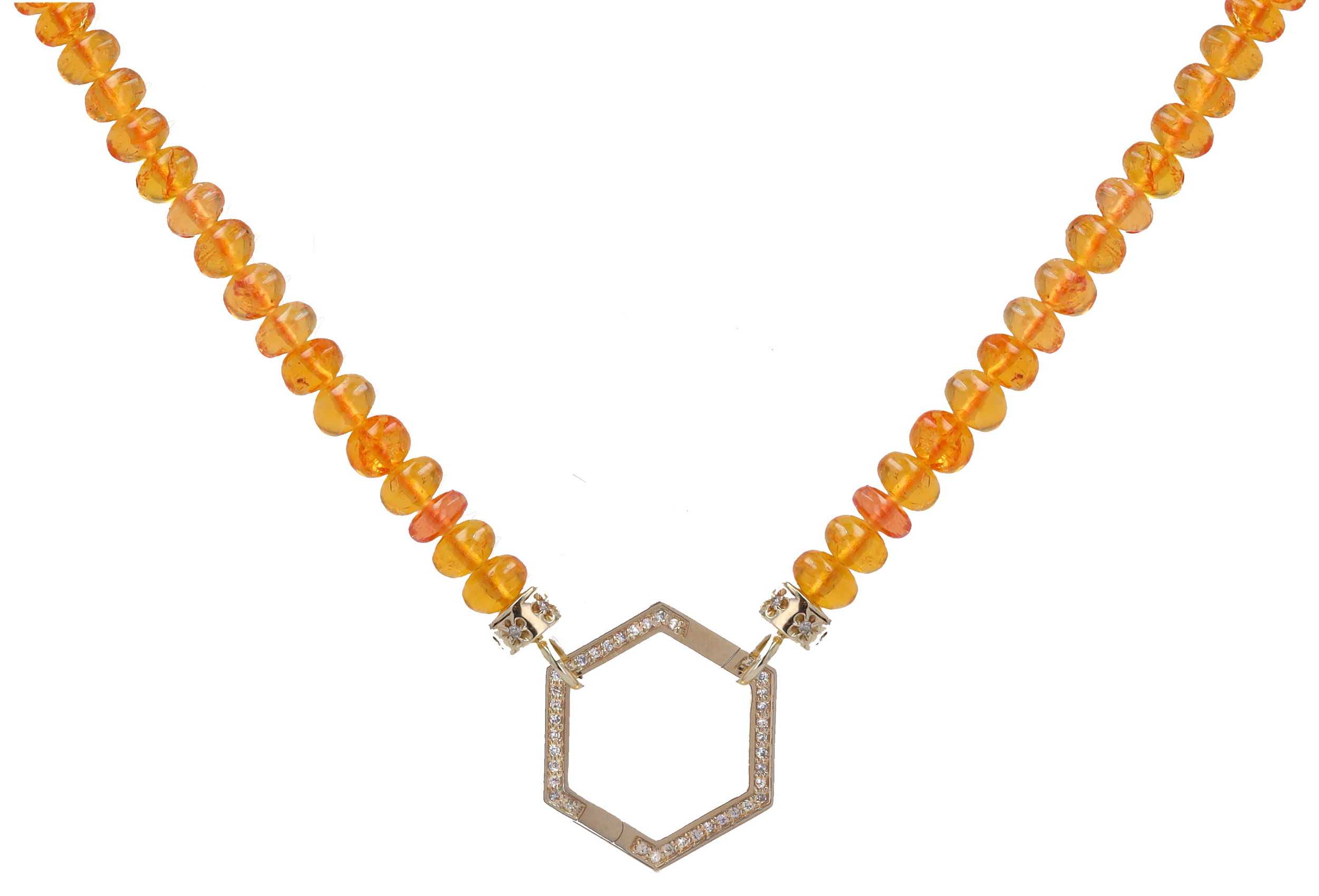 18"-20" 5mm Translucent Hand Polished Orange Garnet Beaded Chain With 14k Gold Extension And End Caps with Diamonds