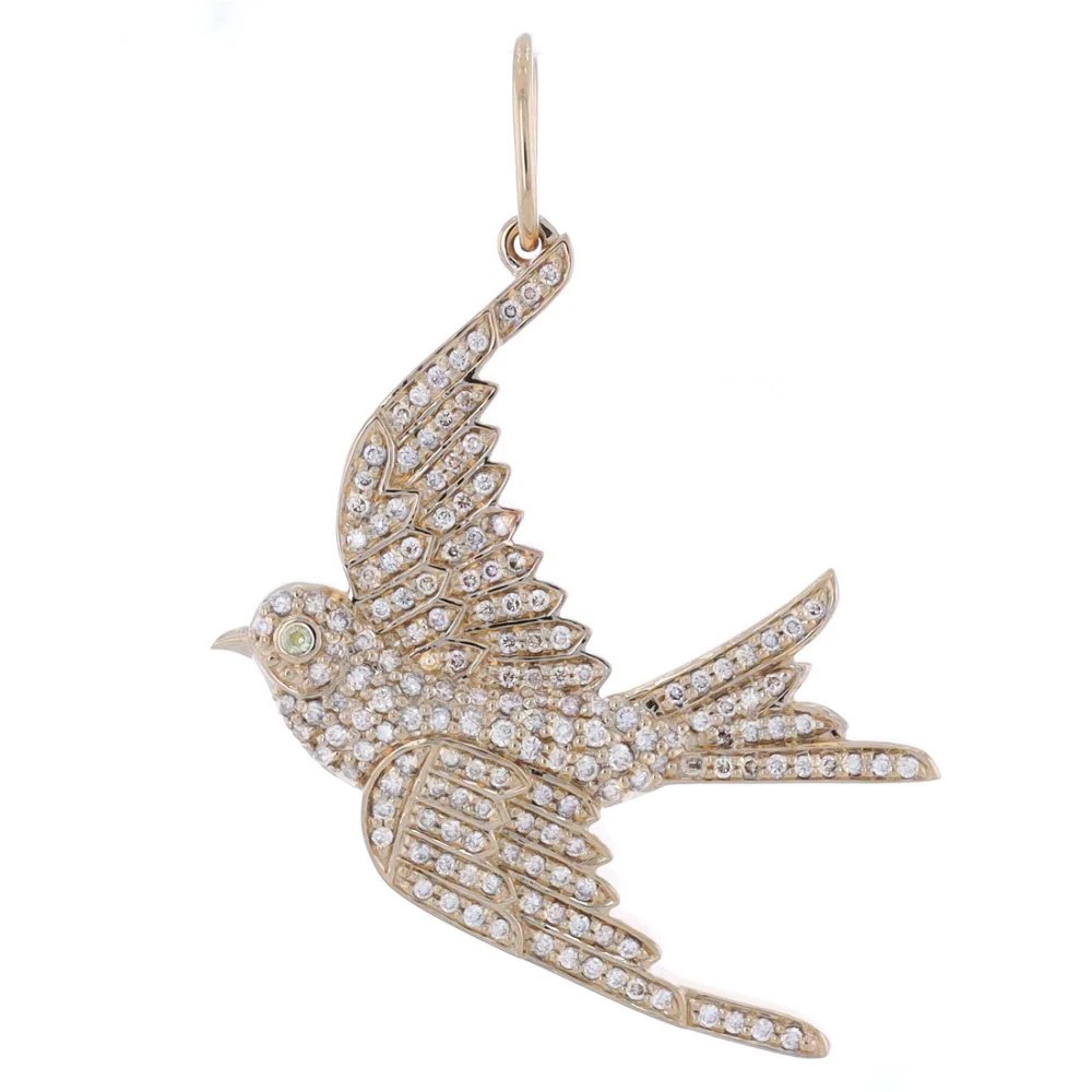 14k Yellow Gold and Pave Diamond Swallow Pendant Charm with Sapphire Eye