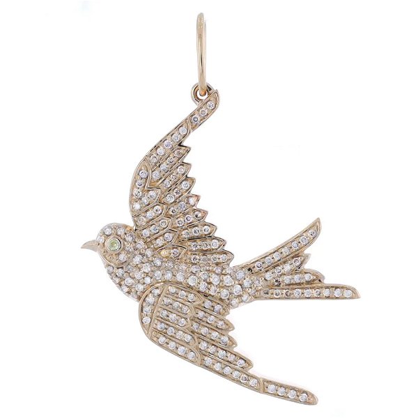 Closeup photo of 14k Yellow Gold and Pave Diamond Swallow Pendant Charm with Sapphire Eye